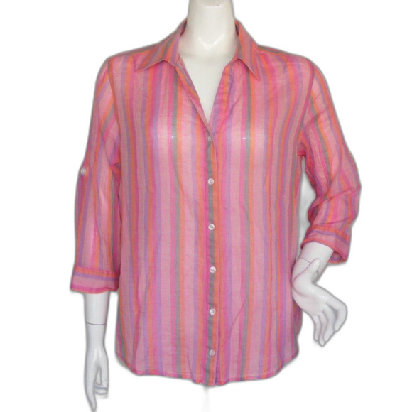 FRESH PRODUCE Top, XL, Multicolor Stripes, Tab/Roll Sleeve, Button front, Cotton - Picture 1 of 12
